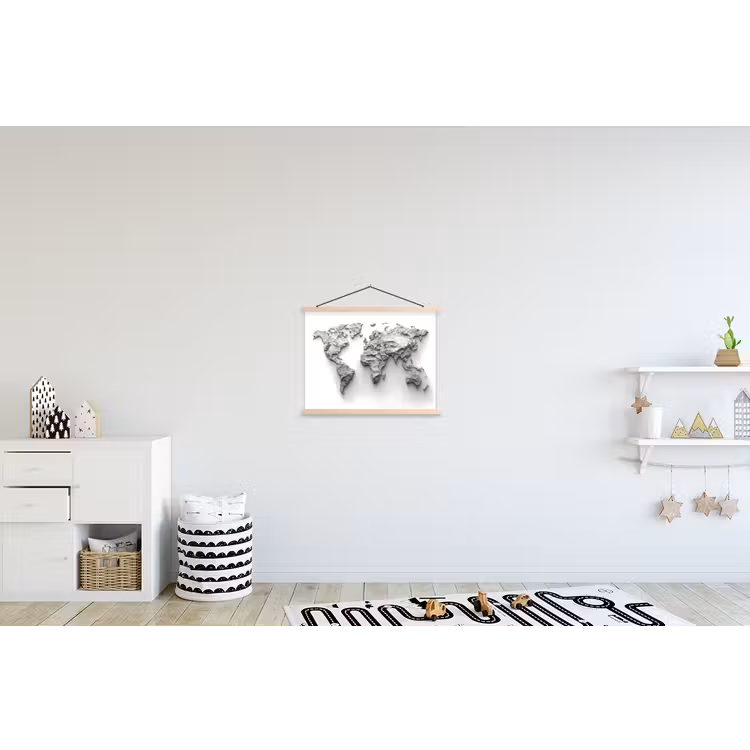Wereldkaart - Wit - Betonstructuur textielposter latten blank klein -kinderkamer