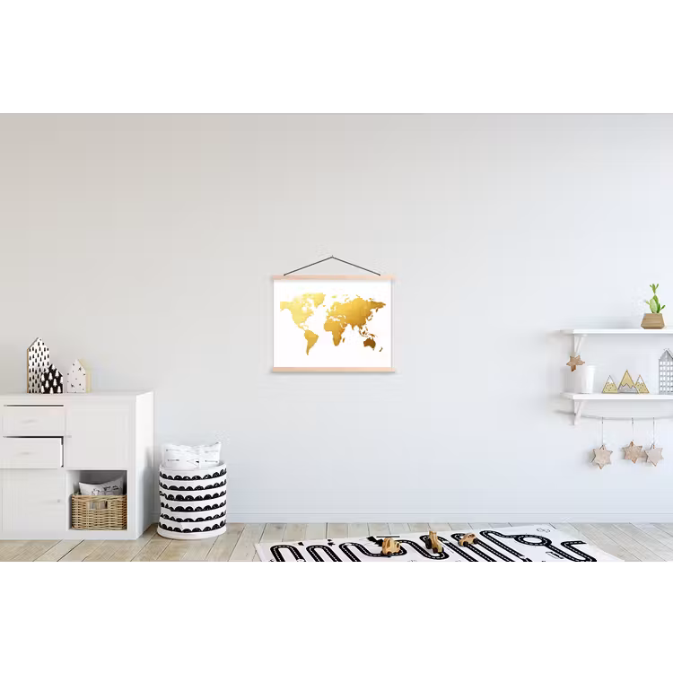 Wereldkaart - Wit - Leerachtig textuur textielposter latten blank klein -kinderkamer