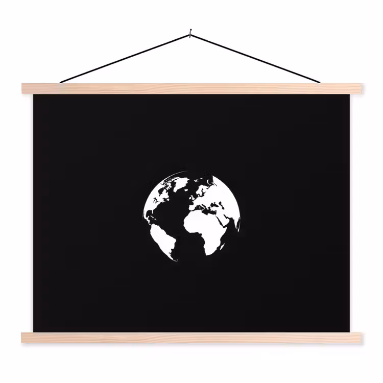 Wereldkaart - Wit - Zwart - Wereldbol textielposter latten blank klein -3d