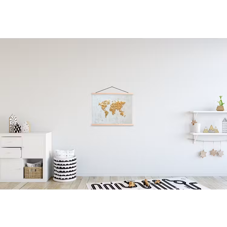 Wereldkaart - Wit beton - Bladgoud textielposter latten blank klein -kinderkamer