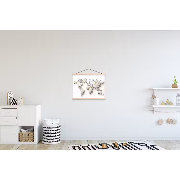 Wereldkaart - Wit Marmer - Luxueus textielposter latten blank klein -kinderkamer