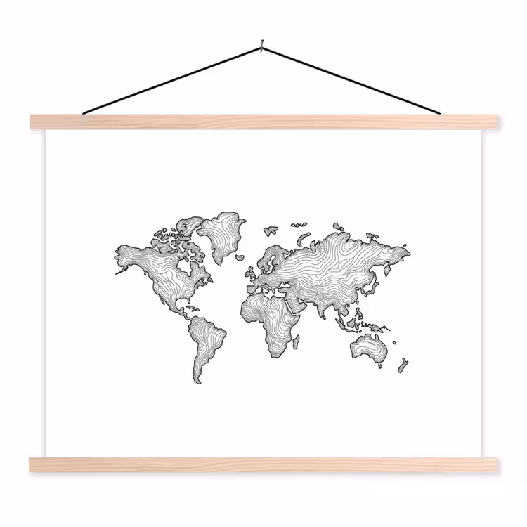 Wereldkaart - Golven - Lijnen textielposter latten blank klein -3d