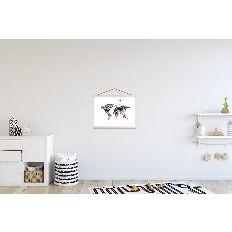 Wereldkaart - Wereldreis - Inkt textielposter latten blank klein -kinderkamer