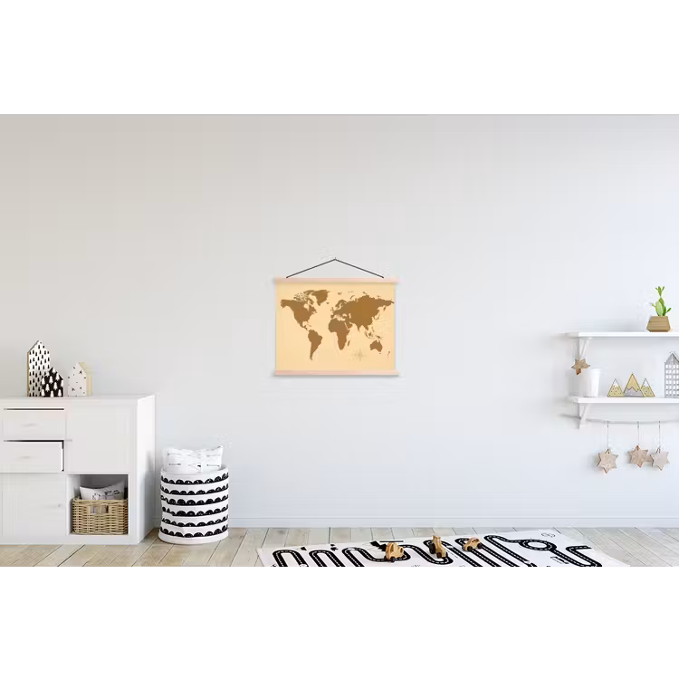 Wereldkaart -Windroos - Bruin textielposter latten blank klein -kinderkamer