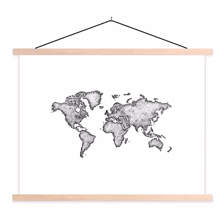 Wereldkaart - Tekening - Zwart - Wit textielposter latten blank klein -3d