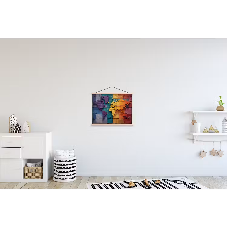 Wereldkaart - Bakstenen - Regenboog textielposter latten blank klein -kinderkamer