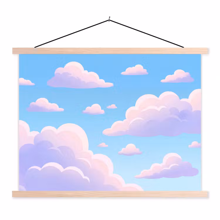 Wolken - Roze - Blauw - Natuur - Modern textielposter latten blank klein -3d