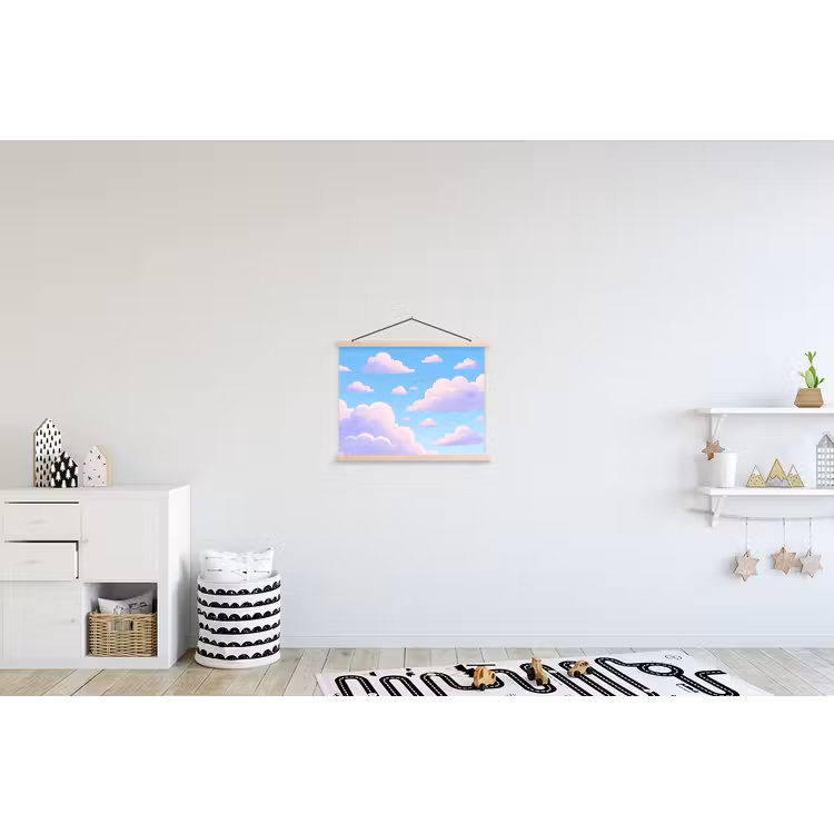 Wolken - Roze - Blauw - Natuur - Modern textielposter latten blank klein -kinderkamer