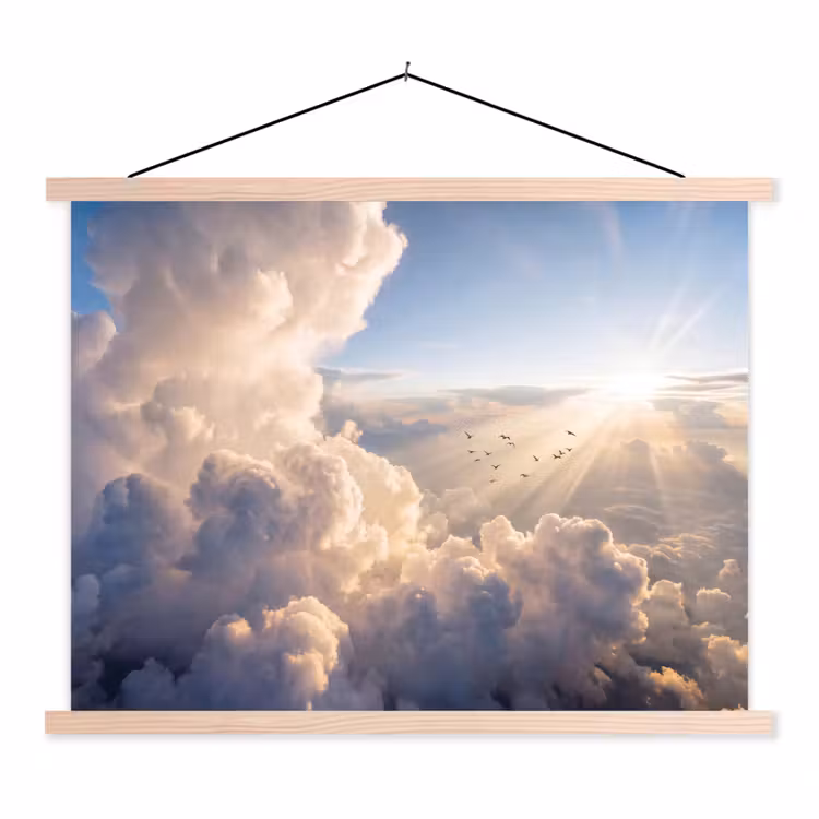 Wolken - Zonnestralen - Natuur - Wit textielposter latten blank klein -3d