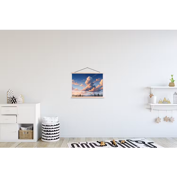 Wolken - Daghemel - Natuur - Illustratie - Oranje textielposter latten blank klein -kinderkamer