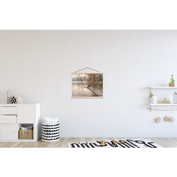 Winterkoninkje - Tak - Rivier - Natuur - Sfeervol textielposter latten blank klein -kinderkamer