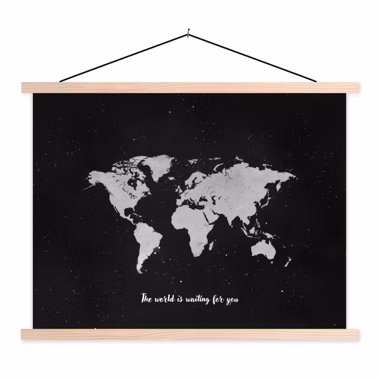 Quote - Wereldkaart - Zwart textielposter latten blank klein -3d