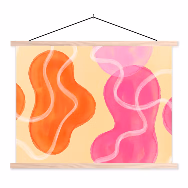 Abstract - Aquarel - Organisch - Oranje - Roze textielposter latten blank klein -3d