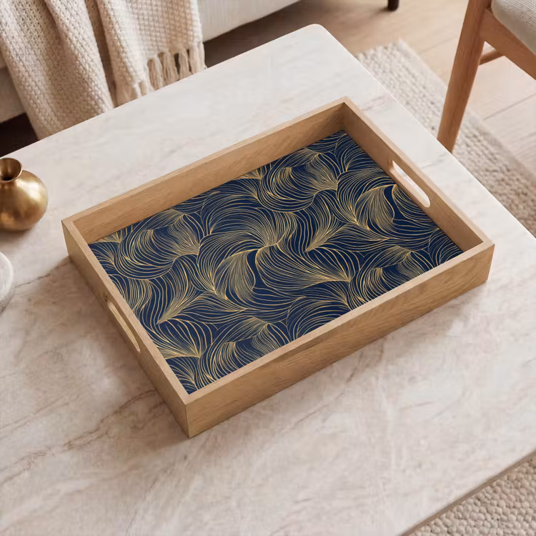 Abstract - Lijnen - Blauw - Goud Dienblad Rechthoek middel 911 -sfeer1