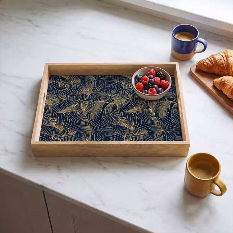 Abstract - Lijnen - Blauw - Goud Dienblad Rechthoek middel 911 -sfeer2