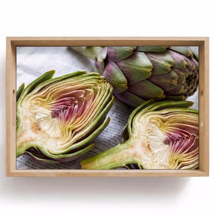 Tablett - Artischocke – aufgeschnitten – Essen - Artisjok - Doorgesneden - Eten Dienblad Rechthoek middel