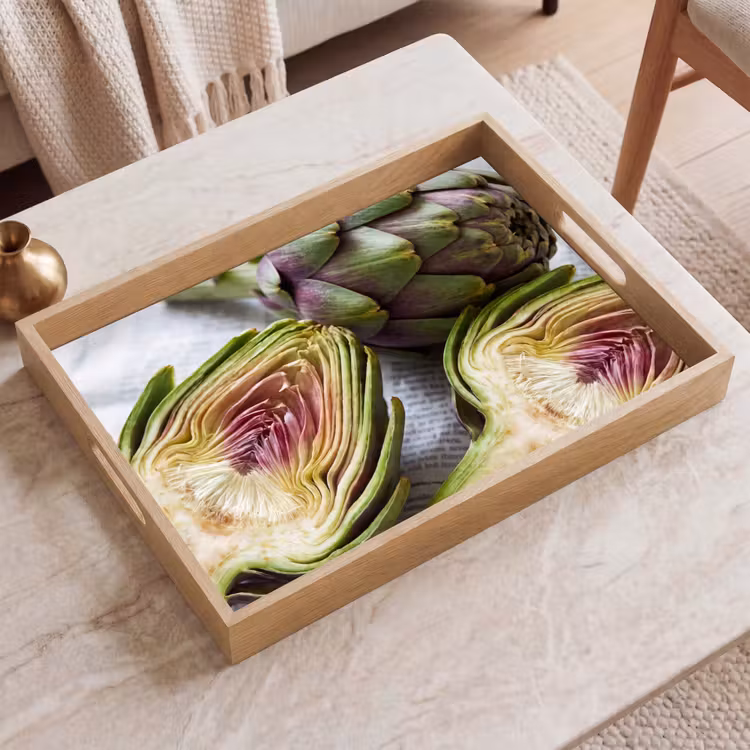 Tablett - Artischocke – aufgeschnitten – Essen - Artisjok - Doorgesneden - Eten Dienblad Rechthoek middel