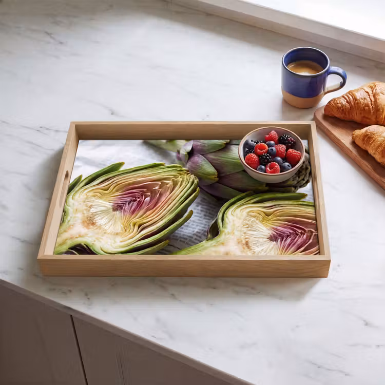 Tablett - Artischocke – aufgeschnitten – Essen - Artisjok - Doorgesneden - Eten Dienblad Rechthoek middel