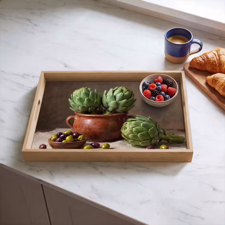 Tablett - Artischocken – Oliven – Essen - Artisjokken - Olijven - Eten Dienblad Rechthoek middel