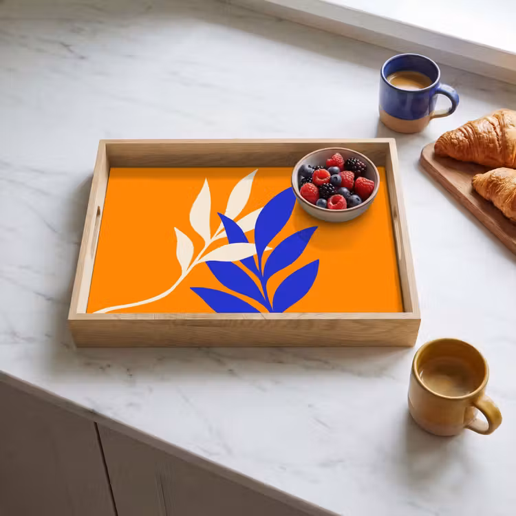 Takken - Bladeren - Minimalistisch - Blauw Dienblad Rechthoek middel -sfeer2