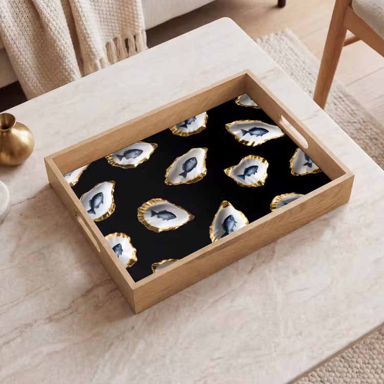 Oesters - Vissen - Blauw - Goud Dienblad Rechthoek middel -sfeer1