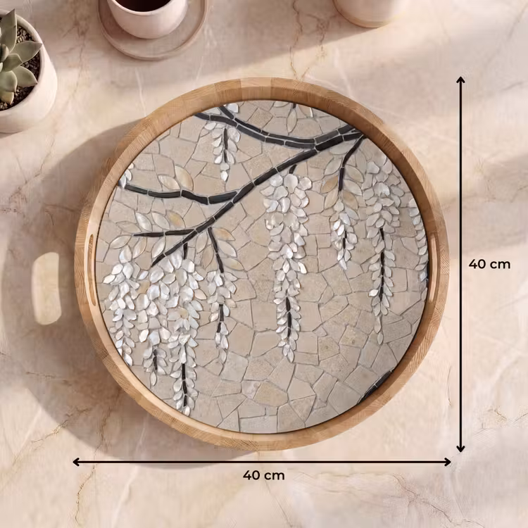 Boom - Bloemen - Mozaïek - Kunst - Wit Dienblad Rond middel -USP_Formaat