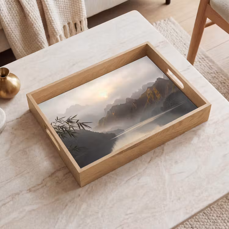 Bergen - Water - Mist - Natuur - Landschap Dienblad Rechthoek middel -sfeer1