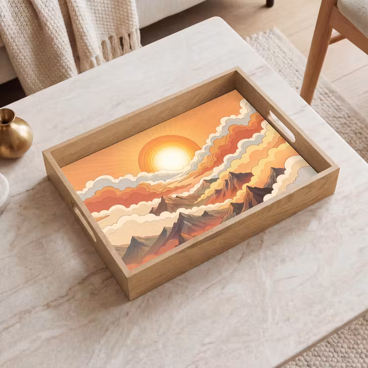 Bergen - Wolken - Natuur - Zonsopgang - Oranje Dienblad Rechthoek middel -sfeer1