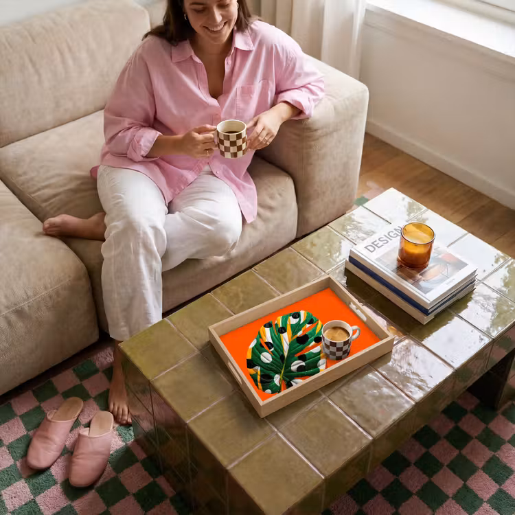 Blad - Oranje - Stippen - Kleurrijk Dienblad Rechthoek middel -sfeer3