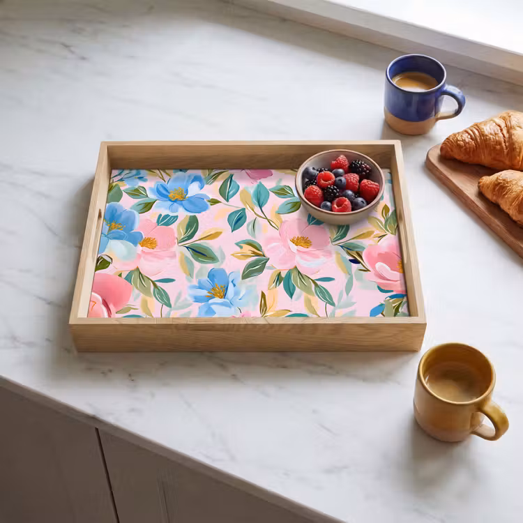 Blauw - Roze - Bloemen Dienblad Rechthoek middel -sfeer2
