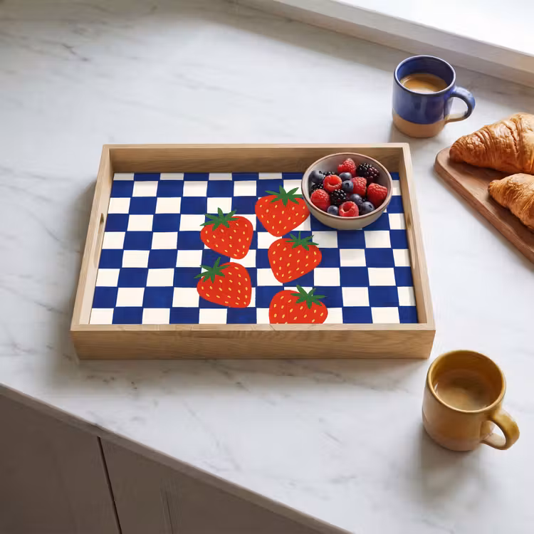 Geblokt - Blauw - Aardbeien Dienblad Rechthoek middel -sfeer2