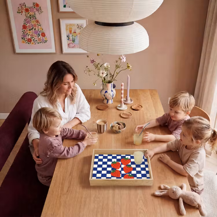 Geblokt - Blauw - Aardbeien Dienblad Rechthoek middel -sfeer4