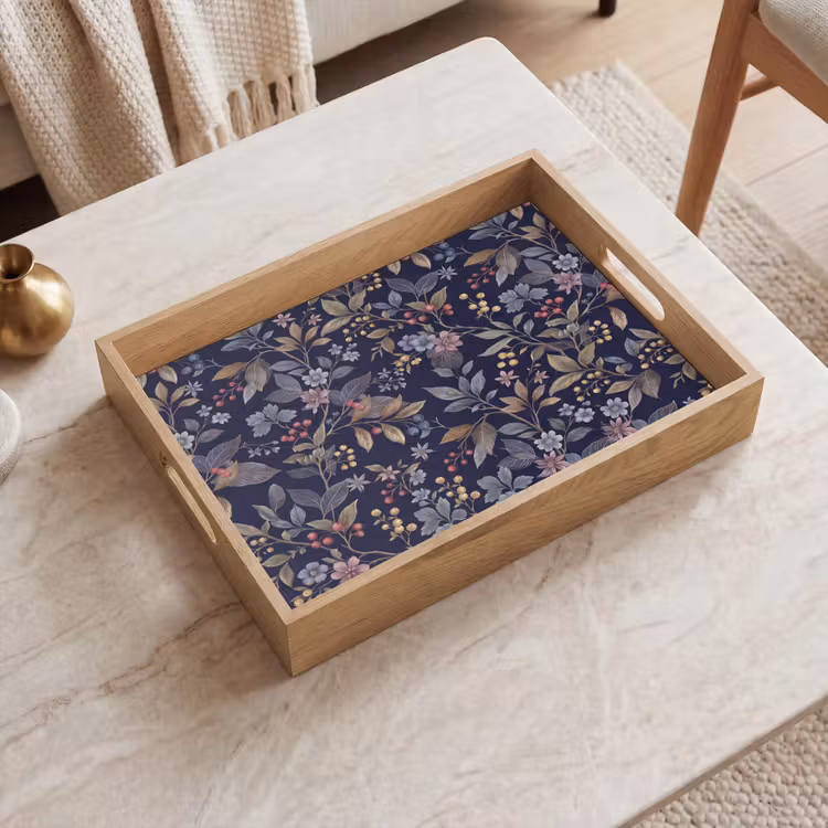 Bloemen - Bladeren - Patroon - Botanisch - Donkerblauw Dienblad Rechthoek middel -sfeer1