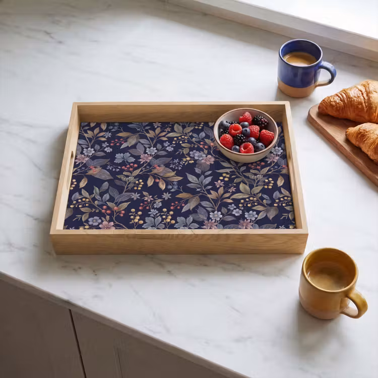 Bloemen - Bladeren - Patroon - Botanisch - Donkerblauw Dienblad Rechthoek middel -sfeer2