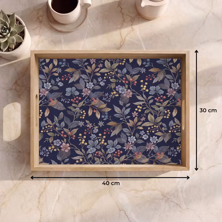 Bloemen - Bladeren - Patroon - Botanisch - Donkerblauw Dienblad Rechthoek middel -USP_Formaat