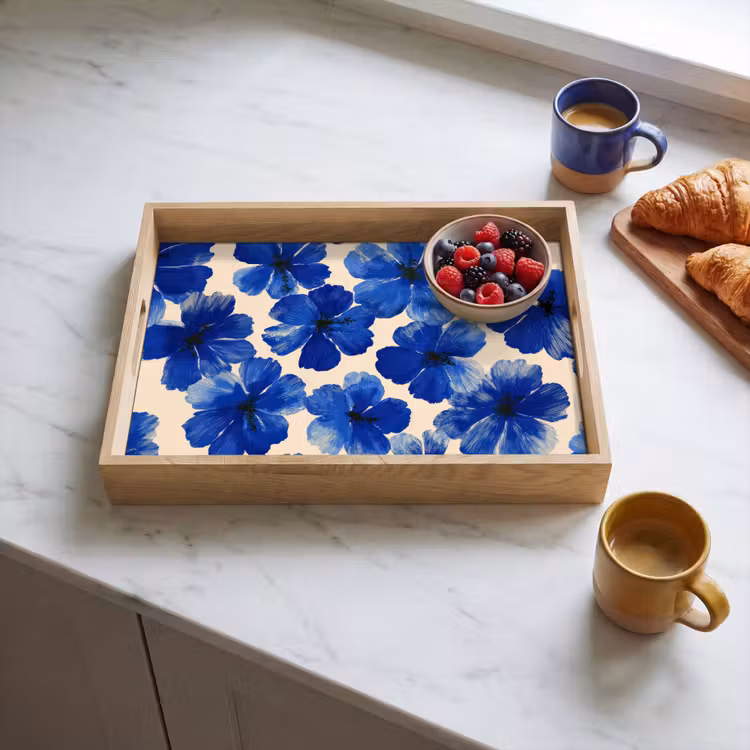 Bloemen - Blauw -Patroon - Wit Dienblad Rechthoek middel -sfeer2