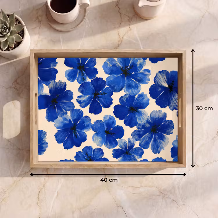 Bloemen - Blauw -Patroon - Wit Dienblad Rechthoek middel -USP_Formaat