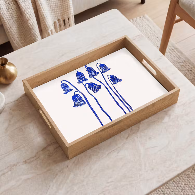 Bloemen - Blauw - Lijnen - Bloemblaadjes Dienblad Rechthoek middel -sfeer1