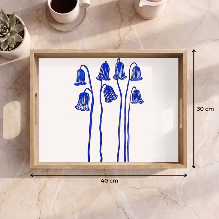 Bloemen - Blauw - Lijnen - Bloemblaadjes Dienblad Rechthoek middel -USP_Formaat