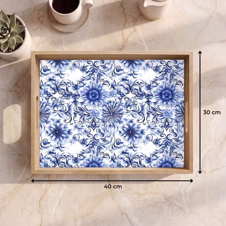 Bloemen - Blauw - Patroon - Wit Dienblad Rechthoek middel 911 -USP_Formaat
