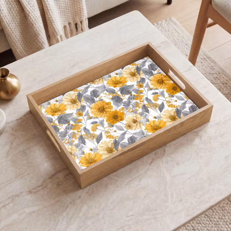 Bloemen - Botanisch - Elegant - Okergeel - Grijs Dienblad Rechthoek middel 911 -sfeer1
