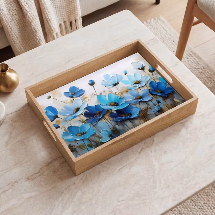Bloemen - Schilderij - Blauw Dienblad Rechthoek middel -sfeer1