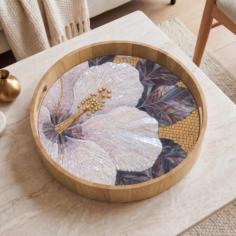Bloemen - Mozaïek - Kunst - Modern - Goud Dienblad Rond middel -sfeer1