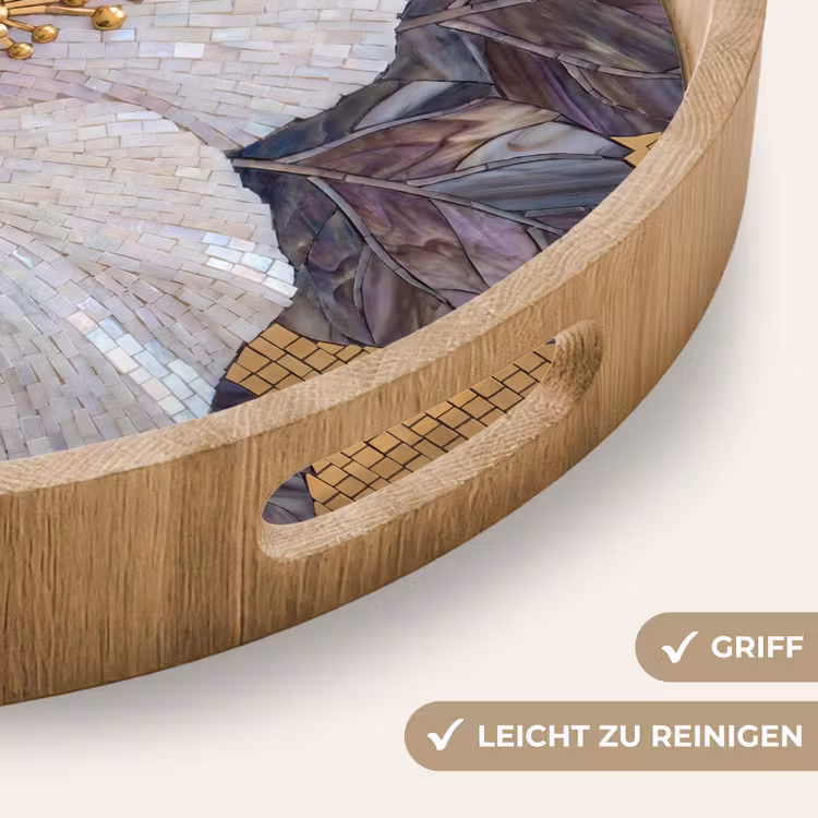 Bloemen - Mozaïek - Kunst - Modern - Goud Dienblad Rond middel -USP_HandgreepDE