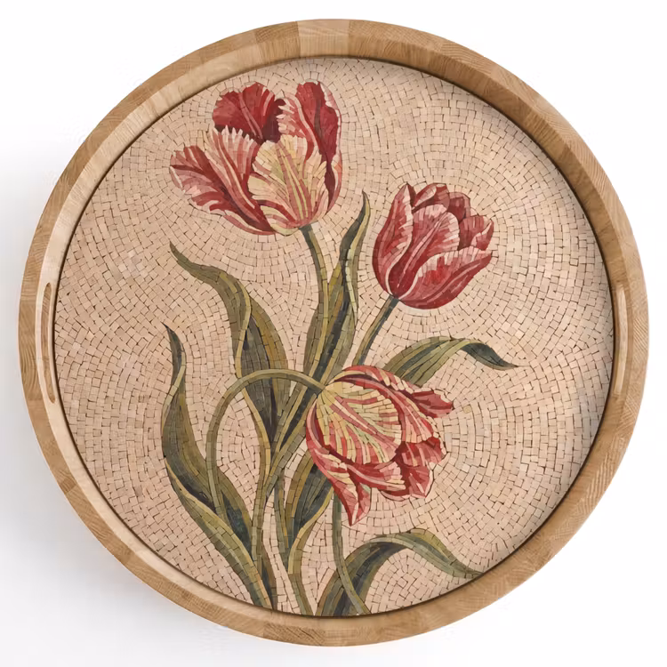 Bloemen - Mozaïek - Rood - Groen - Kunst Dienblad Rond middel -z3d_shopping
