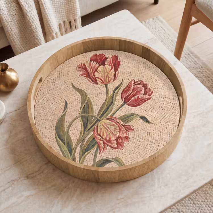 Bloemen - Mozaïek - Rood - Groen - Kunst Dienblad Rond middel -sfeer1