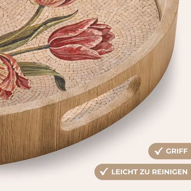 Bloemen - Mozaïek - Rood - Groen - Kunst Dienblad Rond middel -USP_HandgreepDE