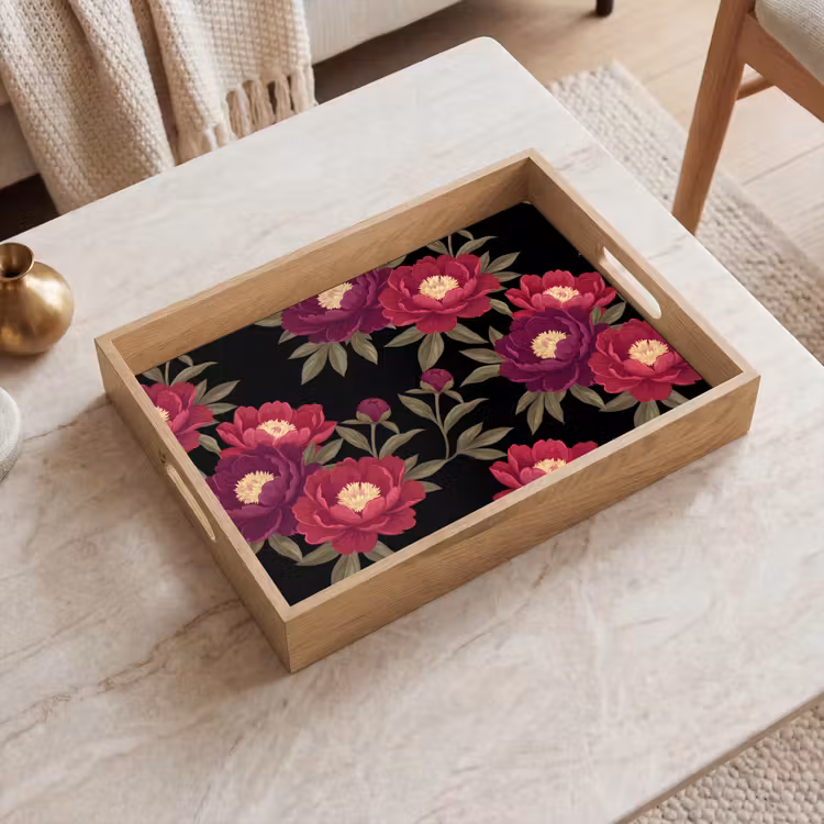 Bloemen - Patroon - Botanisch - Rood - Zwart Dienblad Rechthoek middel -sfeer1