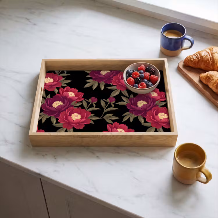 Bloemen - Patroon - Botanisch - Rood - Zwart Dienblad Rechthoek middel -sfeer2