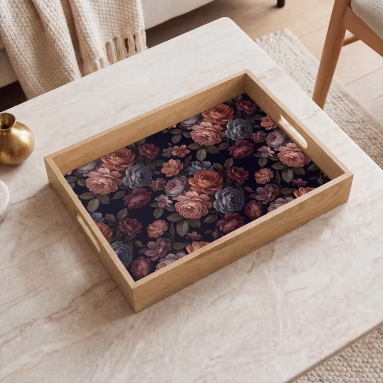 Bloemen - Patroon - Vintage - Donker - Roze Dienblad Rechthoek middel -sfeer1